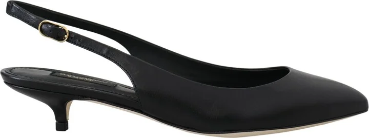Black Leather Slingbacks Heels Pumps Women's Shoes