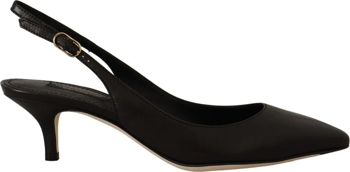 Black Leather Slingbacks Heels Pumps Women's Shoes