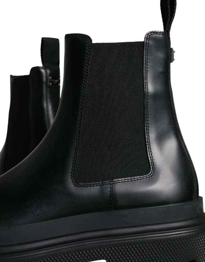 Black Leather Slip On Stretch Trekking Boots Men's Shoes - Image 4