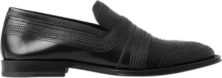 Black Leather Slipper Loafers Stitched Men's Shoes