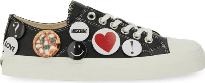 Black Leather Sneakers With Playful Pins