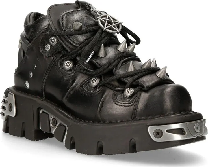 Black Leather Spiked Ankle Boots-110-S1