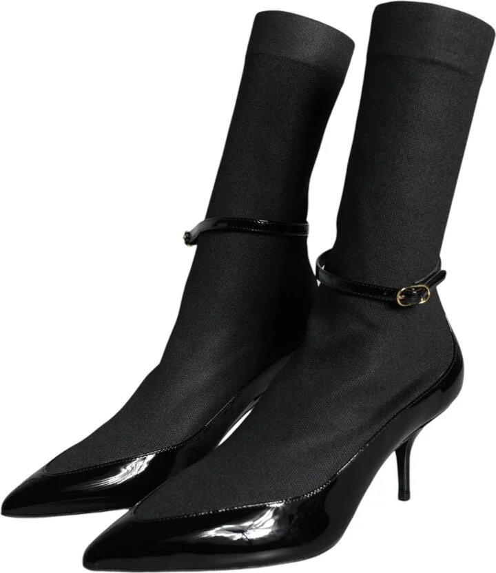 Black Leather Stilettos Booties Socks Women's Shoes - Image 3
