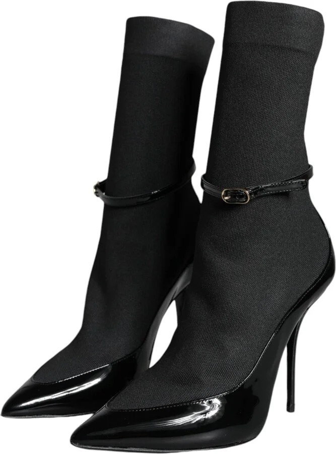 Black Leather Stilettos Booties Socks Women's Shoes - Image 3