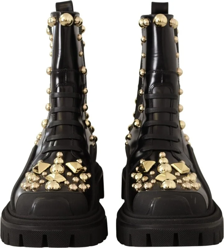 Black Leather Studded Combat Women's Boots - Image 2
