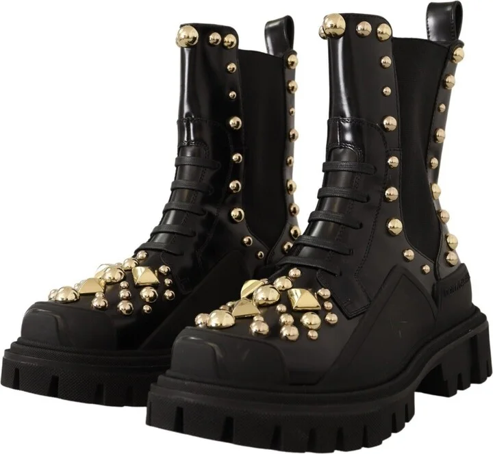 Black Leather Studded Combat Women's Boots - Image 3