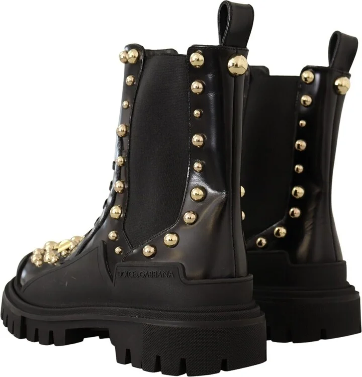 Black Leather Studded Combat Women's Boots - Image 4