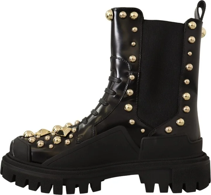 Black Leather Studded Combat Women's Boots - Image 5