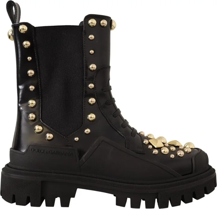 Black Leather Studded Combat Women's Boots