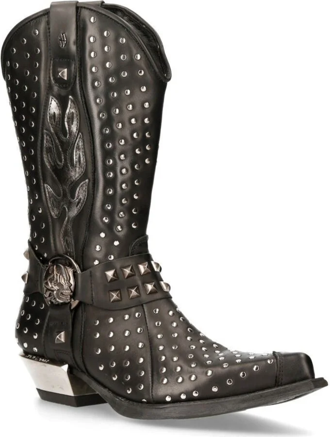 Black Leather Studded Cowboy Boots- M-7928-S1