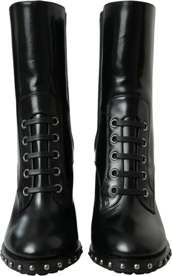Black Leather Studded Lace Up Boots Women's Shoes - Image 2