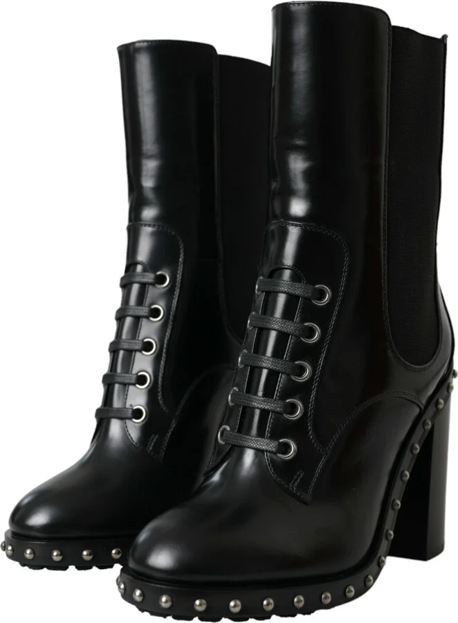 Black Leather Studded Lace Up Boots Women's Shoes - Image 3