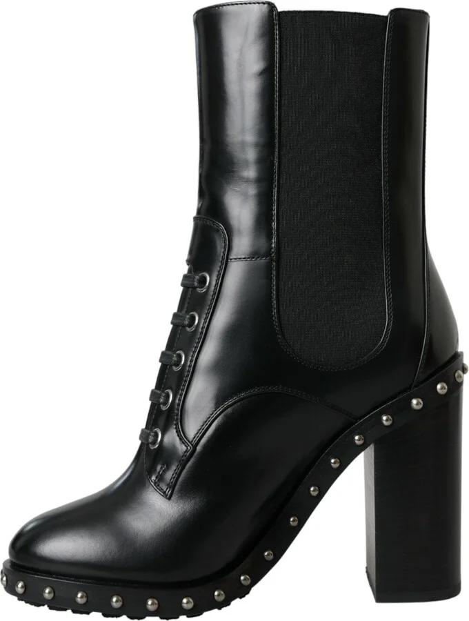 Black Leather Studded Lace Up Boots Women's Shoes - Image 5