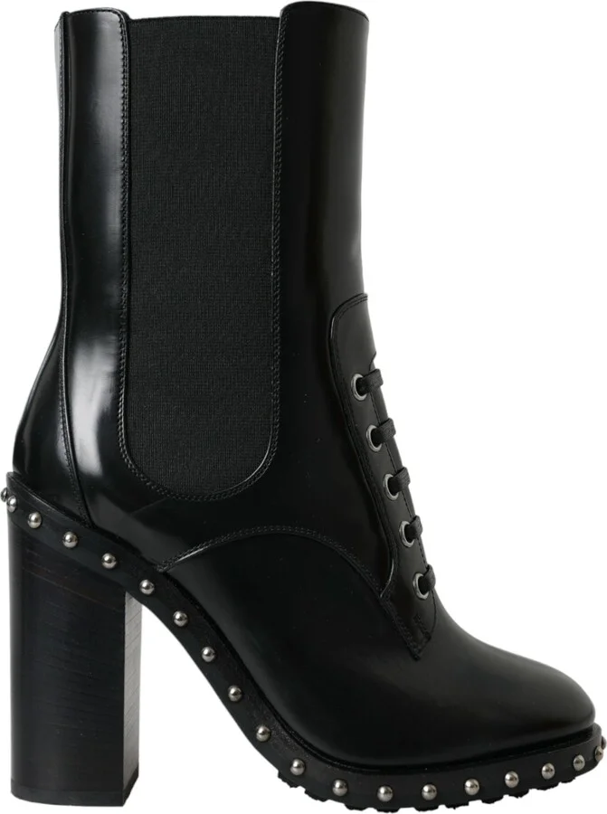 Black Leather Studded Lace Up Boots Women's Shoes