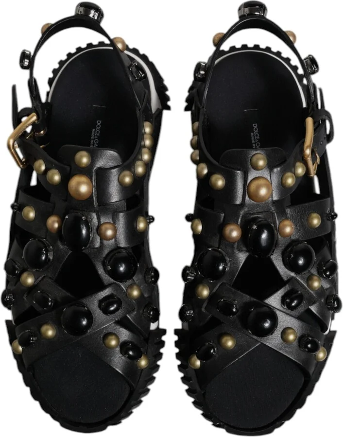 Black Leather Studded Slides Sandals Men's Shoes - Image 3