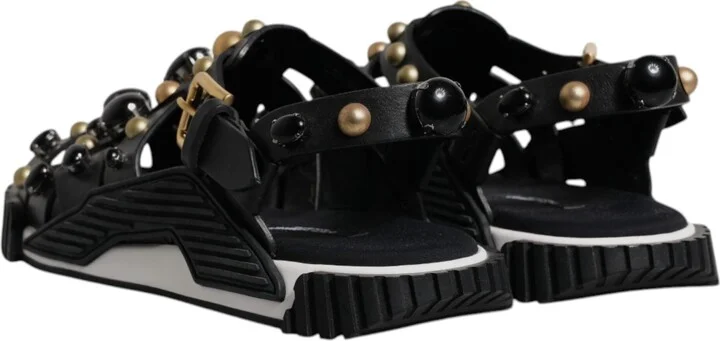Black Leather Studded Slides Sandals Men's Shoes - Image 5