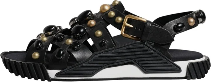 Black Leather Studded Slides Sandals Men's Shoes - Image 6