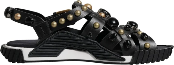 Black Leather Studded Slides Sandals Men's Shoes