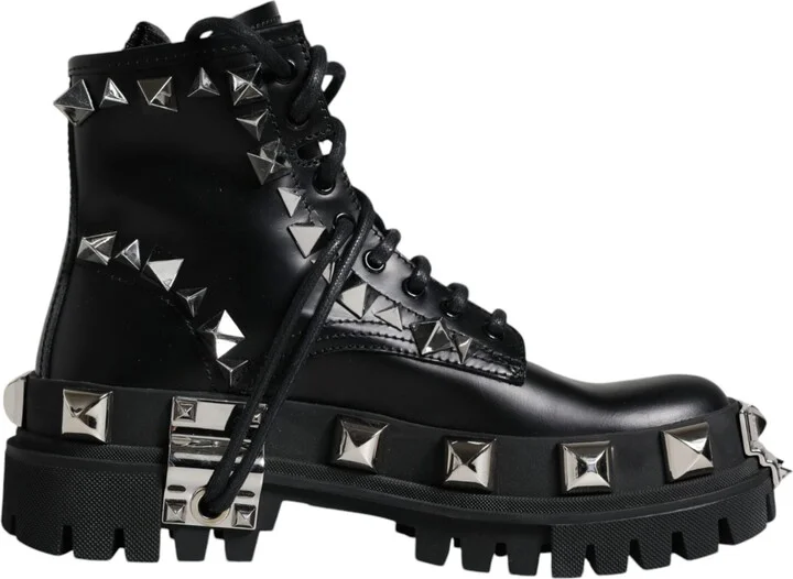 Black Leather Studded Trekking Boots Women's Shoes (Pre-Owned)