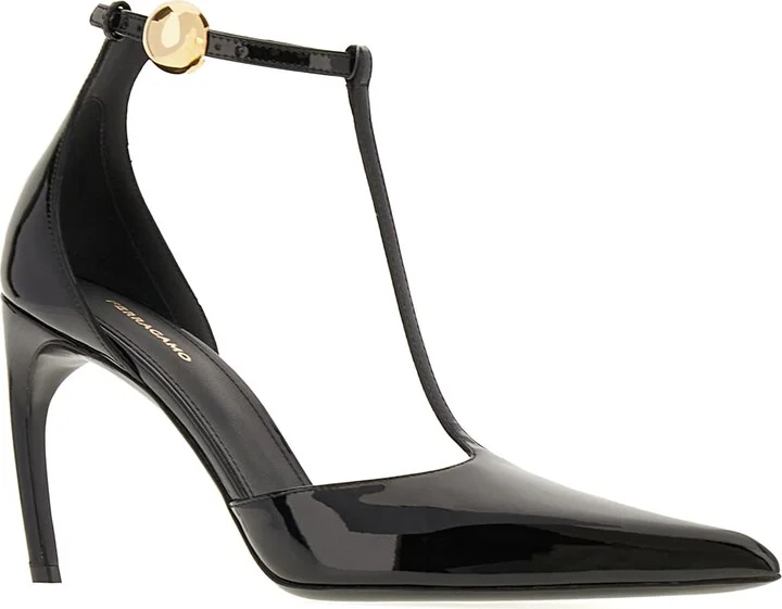 Black Leather T-strap Pumps - Image 2