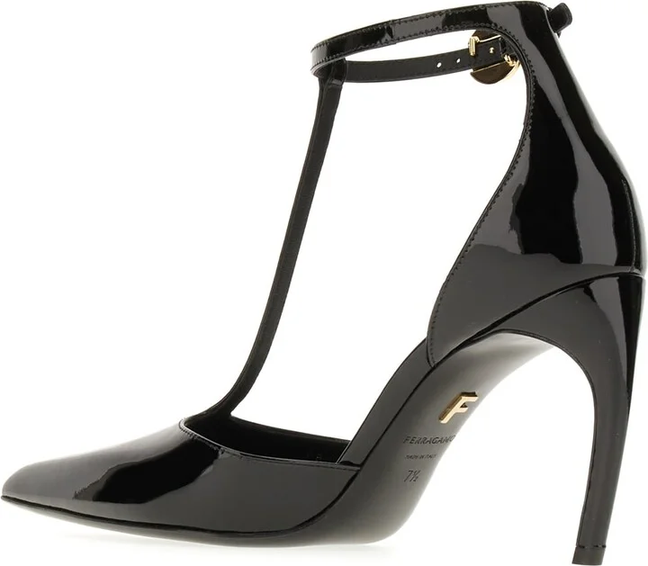 Black Leather T-strap Pumps - Image 3