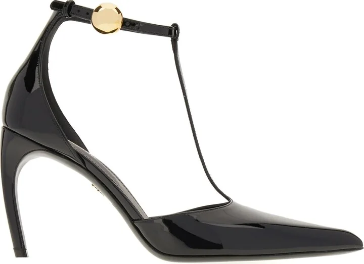 Black Leather T-strap Pumps