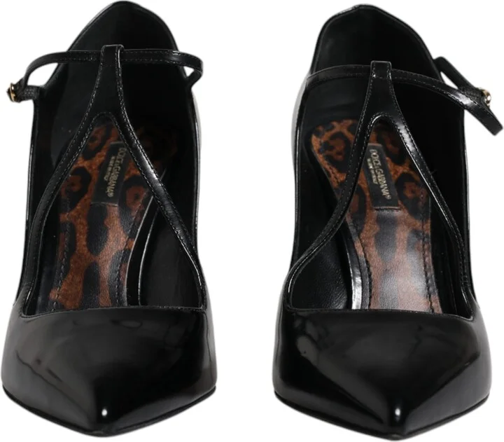 Black Leather T-strap Stiletto Heels Women's Shoes - Image 2