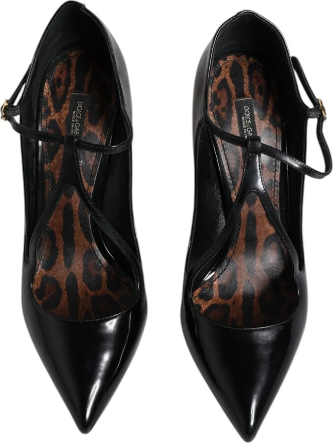 Black Leather T-strap Stiletto Heels Women's Shoes - Image 3