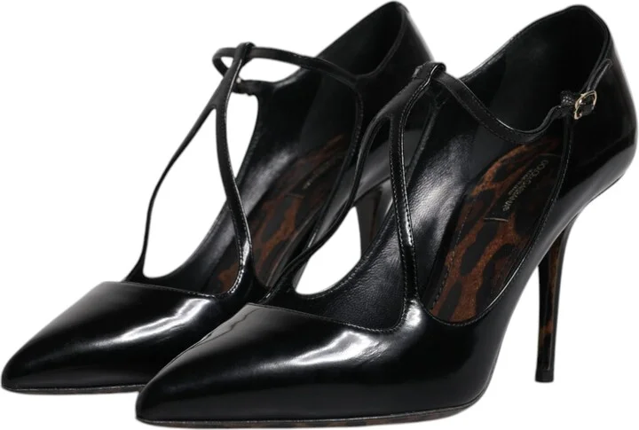 Black Leather T-strap Stiletto Heels Women's Shoes - Image 4