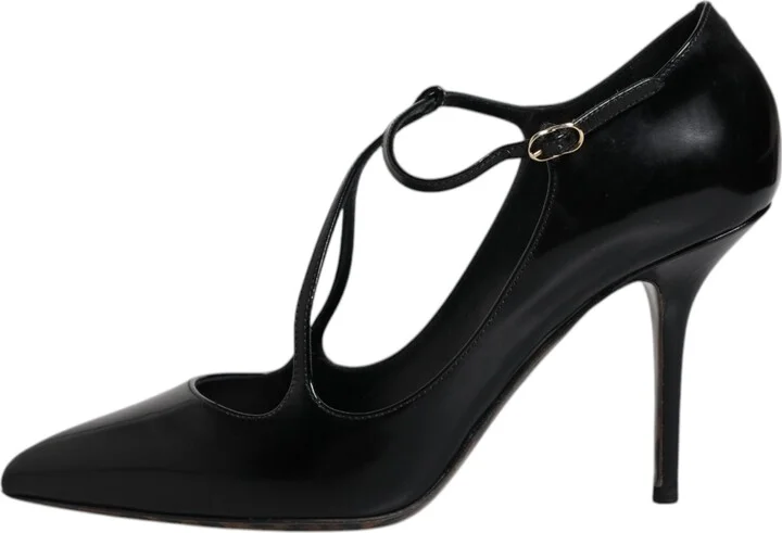 Black Leather T-strap Stiletto Heels Women's Shoes - Image 6