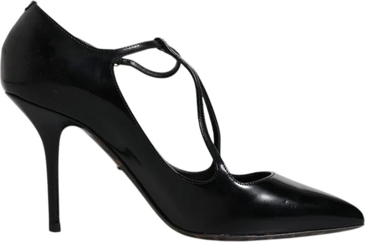 Black Leather T-strap Stiletto Heels Women's Shoes