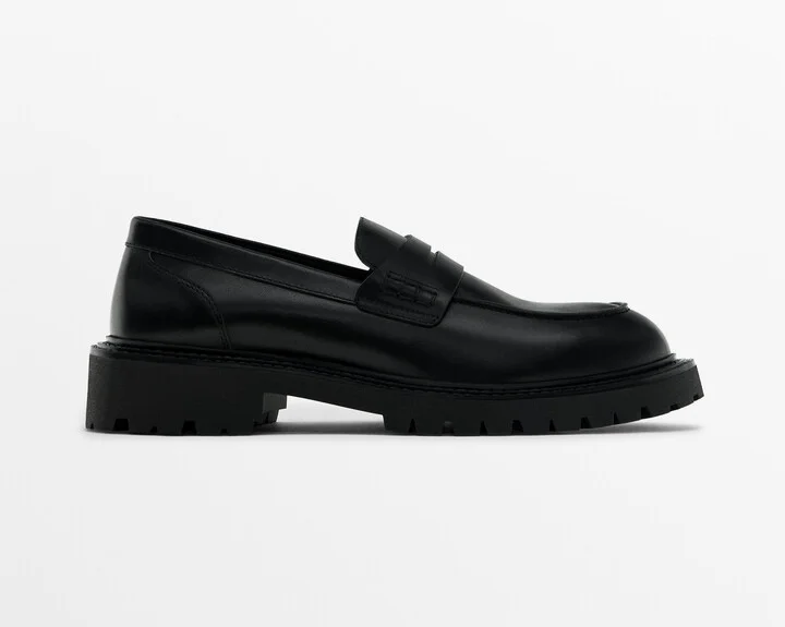 Black Leather Track Sole Loafers - Image 2