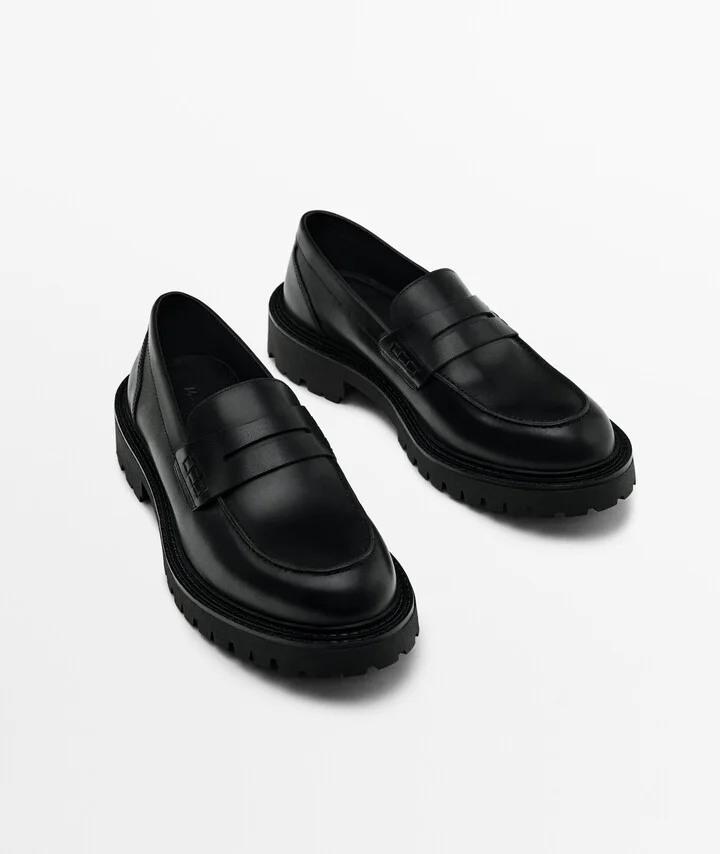 Black Leather Track Sole Loafers - Image 3