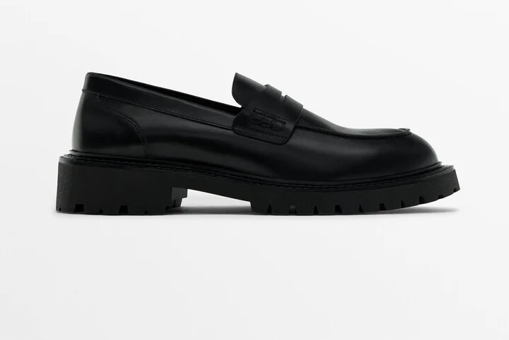 Black Leather Track Sole Loafers