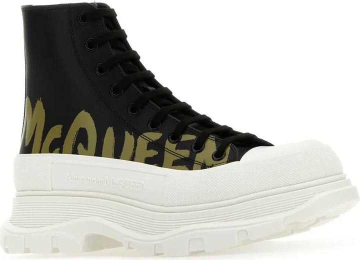 Black Leather Tread Slick Sneakers - Image 2
