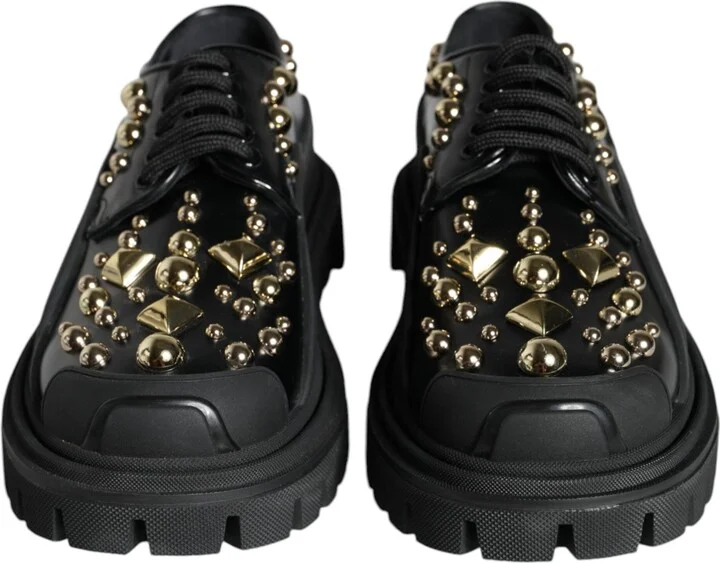Black Leather Trekking Derby Embellished Women's Shoes - Image 2