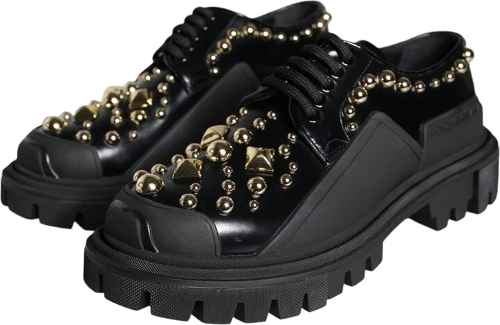 Black Leather Trekking Derby Embellished Women's Shoes - Image 3