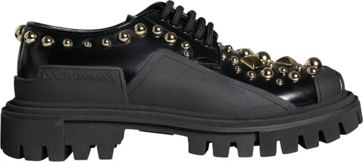 Black Leather Trekking Derby Embellished Women's Shoes