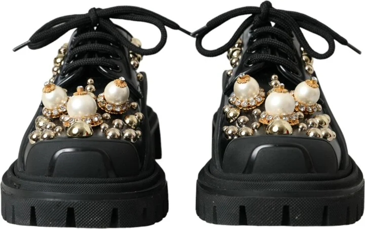 Black Leather Trekking Derby Embellished Women's Shoes (Pre-Owned) - Image 2