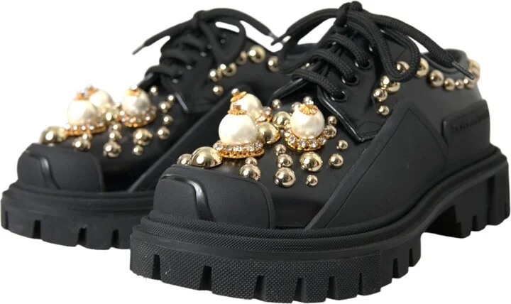 Black Leather Trekking Derby Embellished Women's Shoes (Pre-Owned) - Image 3