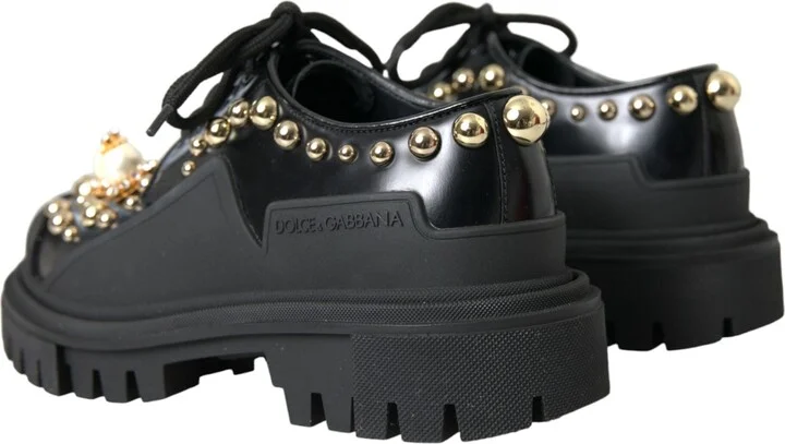 Black Leather Trekking Derby Embellished Women's Shoes (Pre-Owned) - Image 4