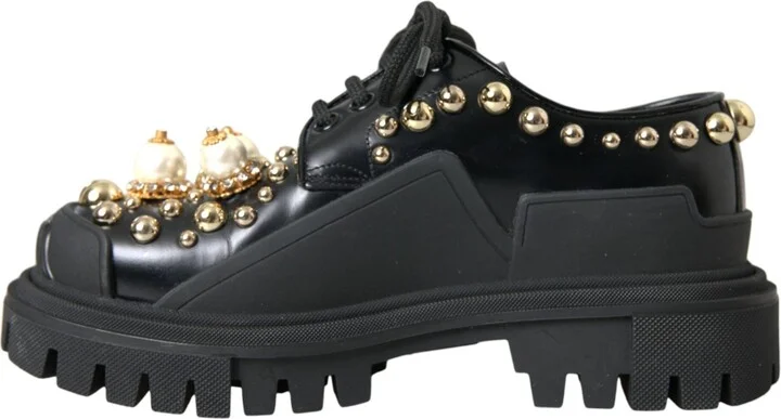 Black Leather Trekking Derby Embellished Women's Shoes (Pre-Owned) - Image 5