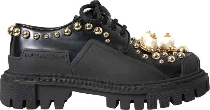 Black Leather Trekking Derby Embellished Women's Shoes (Pre-Owned)