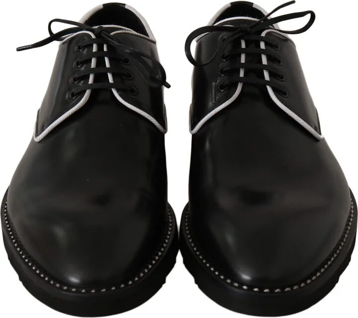 Black Leather White Line Dress Derby Men's Shoes - Image 3