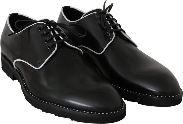 Black Leather White Line Dress Derby Men's Shoes - Image 4