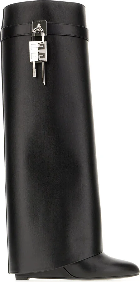 Black Leather Wide Shark Lock Boots