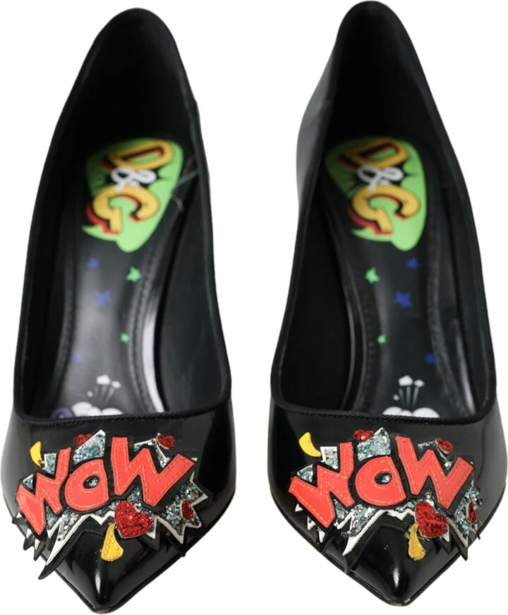 Black Leather WOW Patch Heels Pumps Women's Shoes - Image 2