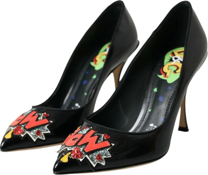Black Leather WOW Patch Heels Pumps Women's Shoes - Image 3