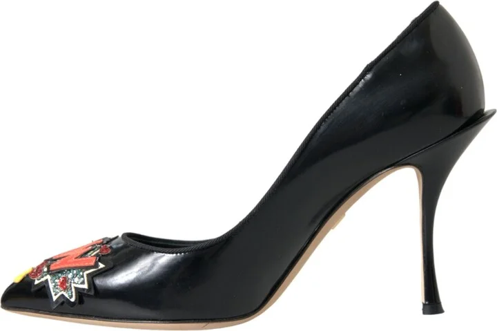 Black Leather WOW Patch Heels Pumps Women's Shoes - Image 5