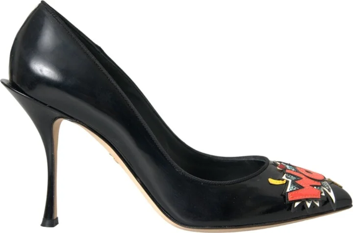 Black Leather WOW Patch Heels Pumps Women's Shoes